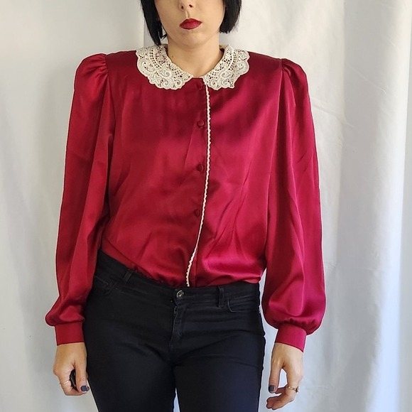 Vintage Tops - 80s Cranberry‎ Red Blouse with Lace Collar